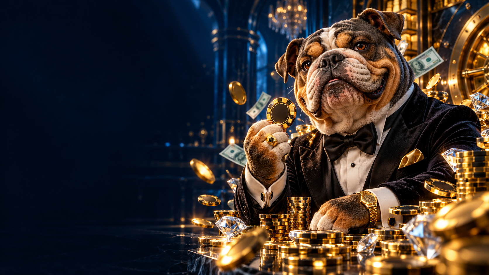 Pawbets-buldog in een fluwelen smoking met decoratieve gouden fiches, munten, diamanten en bankbiljetten